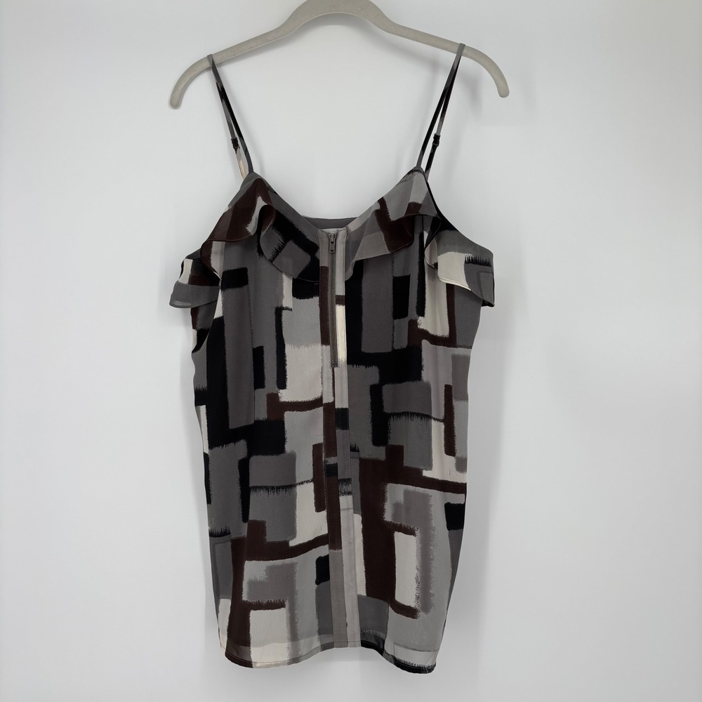 Halogen Sz M Ruffle Tank Cami Abstract Print Geometric Trim Zipper Blouse Y2K